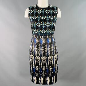 BIYAN S Lorelei Black Multi Color Silk Cotton Blend Beaded Midi Cocktail Dress